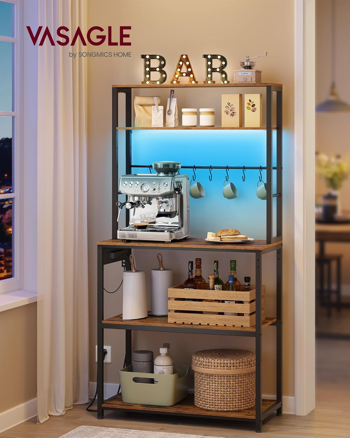 Étagère de Cuisine avec LED, Meuble de Cuisine avec Multiprise, Support pour Micro-Ondes avec Étagères Réglables, 8 Crochets, 40 x 80 x 168,4 cm, Marron Rustique et Noir d'encre KKS050KD01 Marron Rustique + Noir D'encre 80L cm
