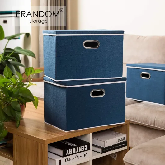 Prandom Grande bacs de rangement pliables en lin avec couvercles,[lot de 5] Boîtes de rangement en tissu de lin décorative,Panier Cube avec poignées,Bleu royal (43x30x30cm) Bleu Royal L(5-Pack)