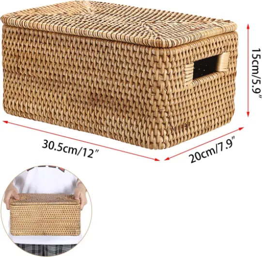 SUMTree panier de rangement en rotin panier avec couvercle boîte décorative organisateur avec poignées pour étagère, placard de cuisine, bureau (30x20x15cm)