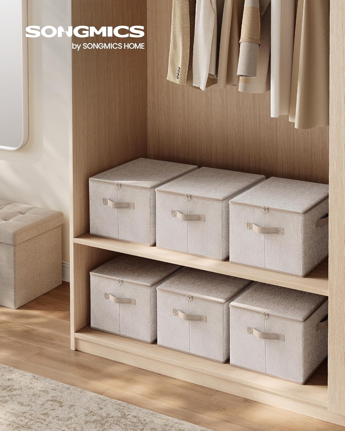 Boîte de Rangement, Pliable, avec Couvercle, Poignées, Coffre, Panier, pour Vêtements, Chaussres, en Tissu Non-tissé, Lot de 6, 40 x 30 x 25 cm, Beige Sable RZB003K02 Lot de 6 (40 x 30 x 25 cm) Beige Sable