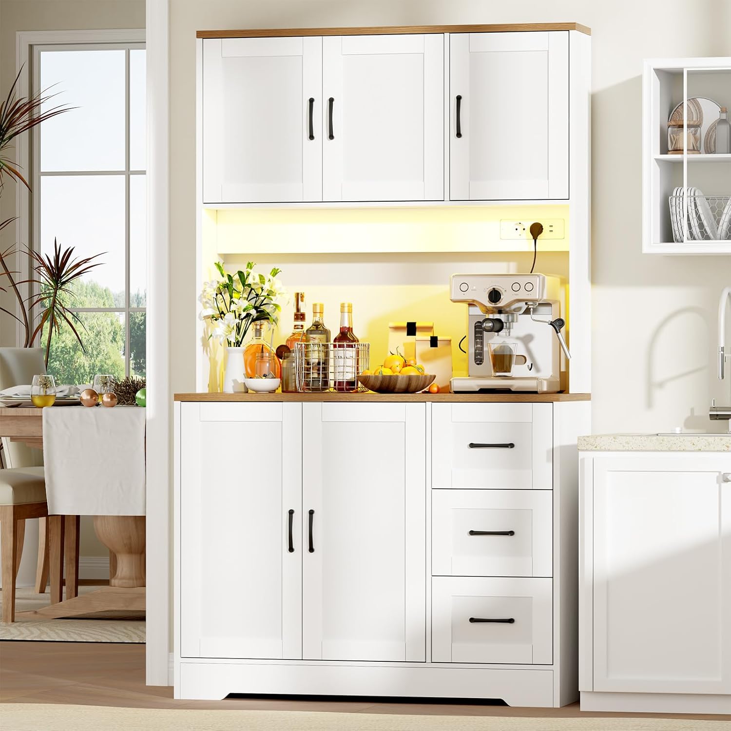 BEWISHOME Armoire de Cuisine, Buffet Haut, Meuble de Rangement, avec Éclairage LED, Meuble de Cuisine, 5 Portes, 3 Tiroirs, Étagères Réglables, Prise Électrique et USB, Blanc, 100x40x180 cm