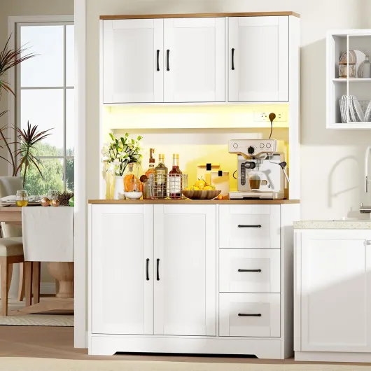 BEWISHOME Armoire de Cuisine, Buffet Haut, Meuble de Rangement, avec Éclairage LED, Meuble de Cuisine, 5 Portes, 3 Tiroirs, Étagères Réglables, Prise Électrique et USB, Blanc, 100x40x180 cm