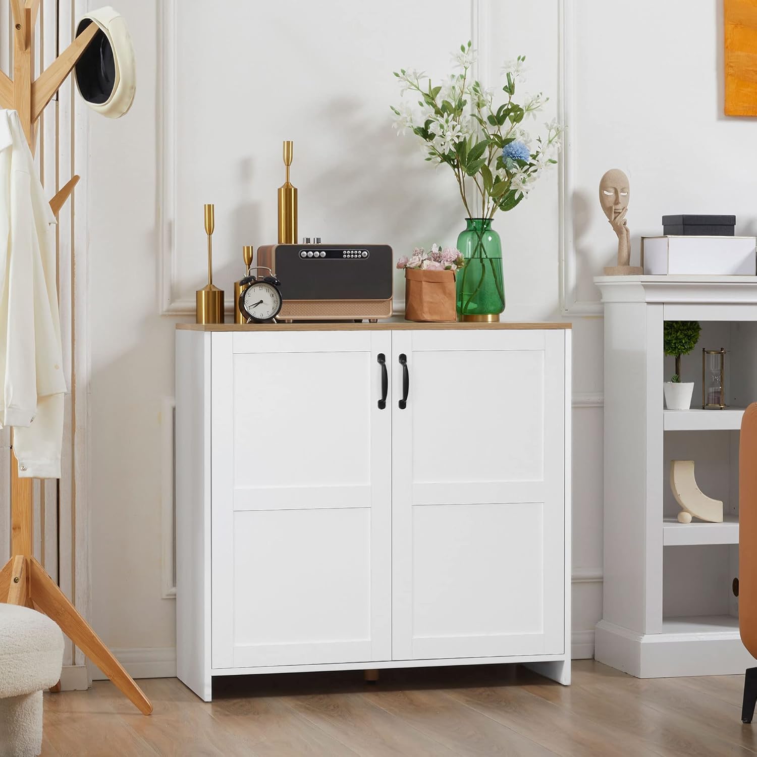 Armoire Meuble de Rangement Buffet Cuisine avec Placard 2 Portes et 2 étagères réglables - Blanc et Aspect Bois - 90 x 39,5 x 88 cm