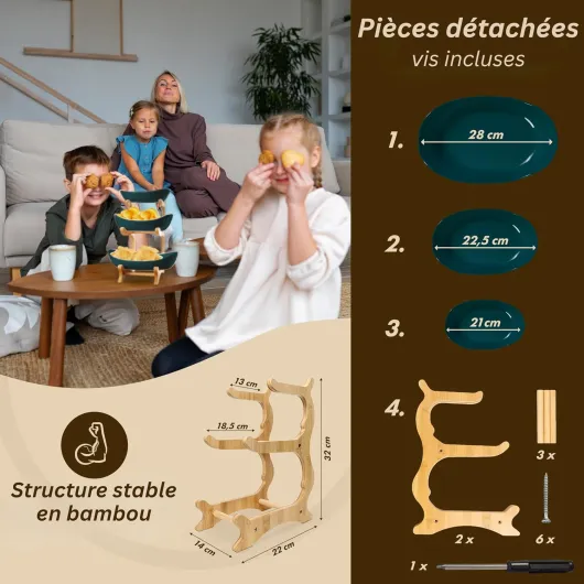 Étagère à Fruits 3 Étages en Céramique & Bambou - Corbeille à Fruits Design pour Cuisine & Buffet - Présentoir Élégant pour Fruits, Snacks et Pâtisseries, vert foncé