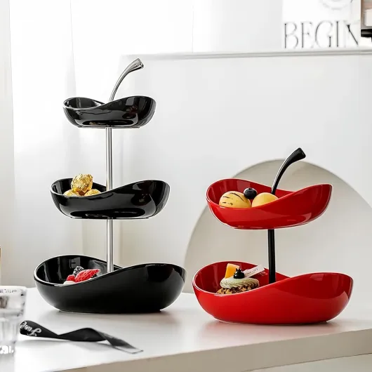 Plateau de fruits à double couche Bol à fruits en céramique à 3 niveaux Bols de service en céramique multicouches avec support en métal, plateau de service,Rouge,Double Layer Double Layer Red