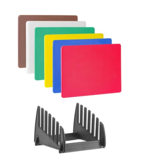 Set de 6 planches à découper HACCP avec support, lisse, 6 couleurs différentes, 6 pièces, 450x300x(H)10mm, polyéthylène, polypropylène