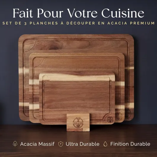 Lot de 3 planches à découper pré-huilées et non toxiques en acacia avec support, planches à découper en bois certifié FSC, avec planche à découper de 100 ml d'huile, planches à découper en bois de 3 Ensemble de 3 Pièces