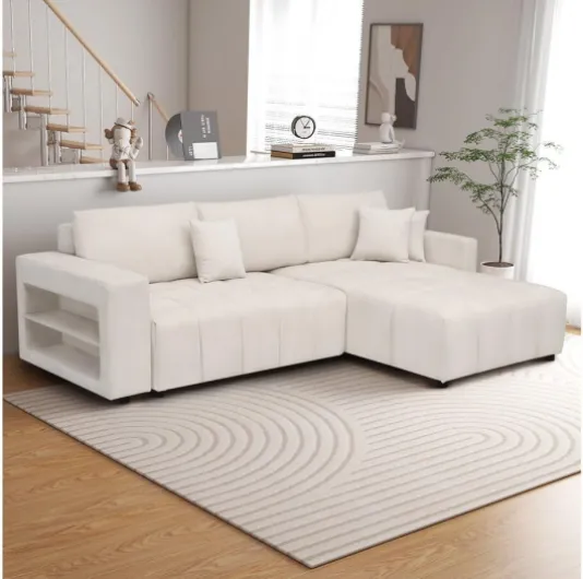 Canapé d'angle Convertible Tissu Chenille 3 Places - Trocadero - Crème Beige