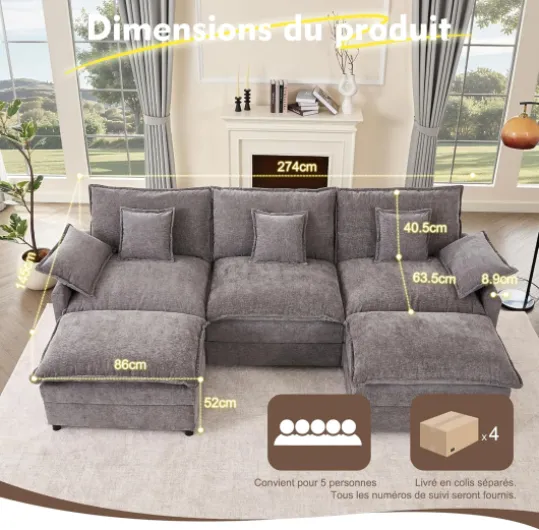 Canapé d’Angle Modulable en U 274 cm – 3 Places avec Repose-Pieds Amovible – Canapé Profond pour Salon, Meuble de Salon Moderne (Gris)