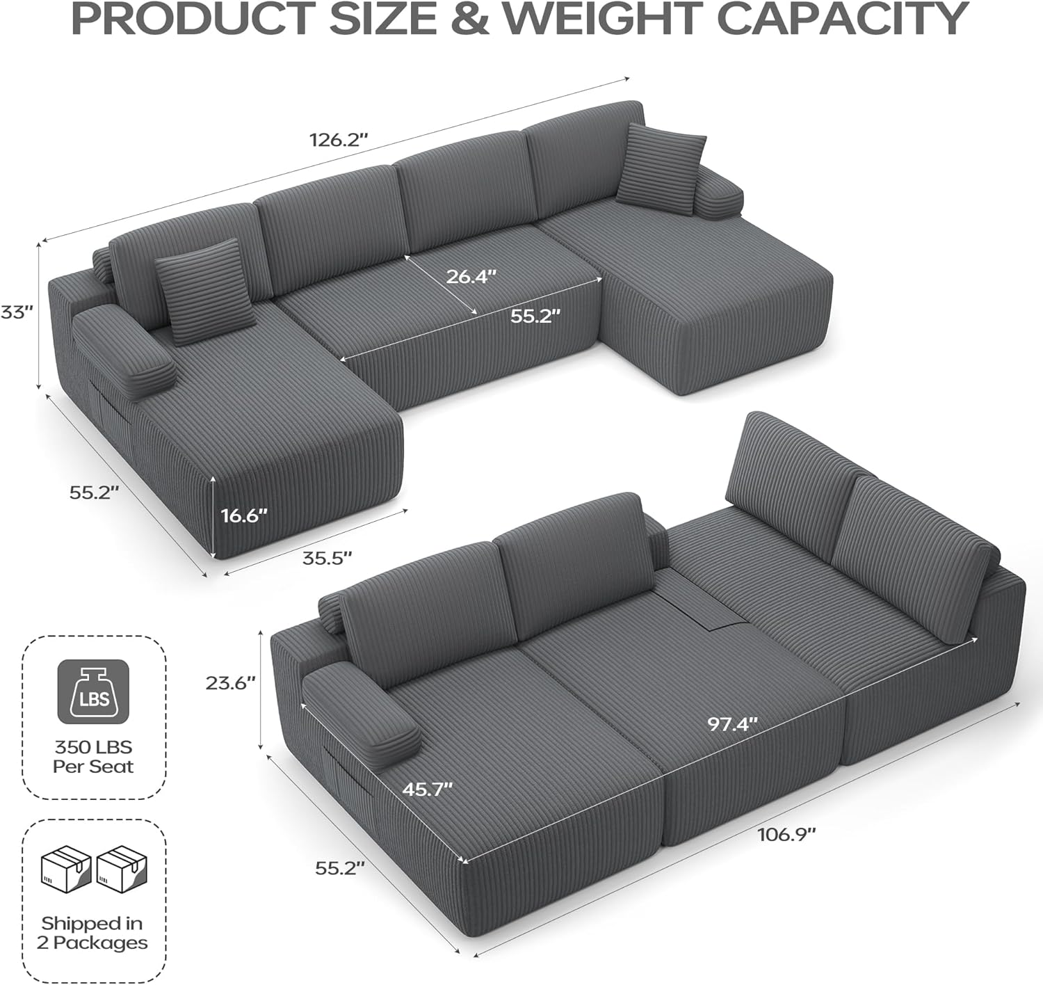 DURASPACE Canapé Modulaire Sectionnel, Canapé Convertible en Forme de U avec Mousse à Mémoire de Forme, Canapés Sectionnels sans Ossature en Velours Côtelé pour Salon, Aucun Assemblage Requis (Gris)