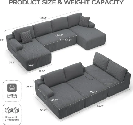 DURASPACE Canapé Modulaire Sectionnel, Canapé Convertible en Forme de U avec Mousse à Mémoire de Forme, Canapés Sectionnels sans Ossature en Velours Côtelé pour Salon, Aucun Assemblage Requis (Gris)