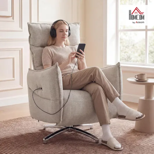 Fauteuil relax électrique avec fonction allongée, pivotant, avec ports de charge, aspect lin, repose-pieds, dossier haut pour chambre à coucher, salon, beige