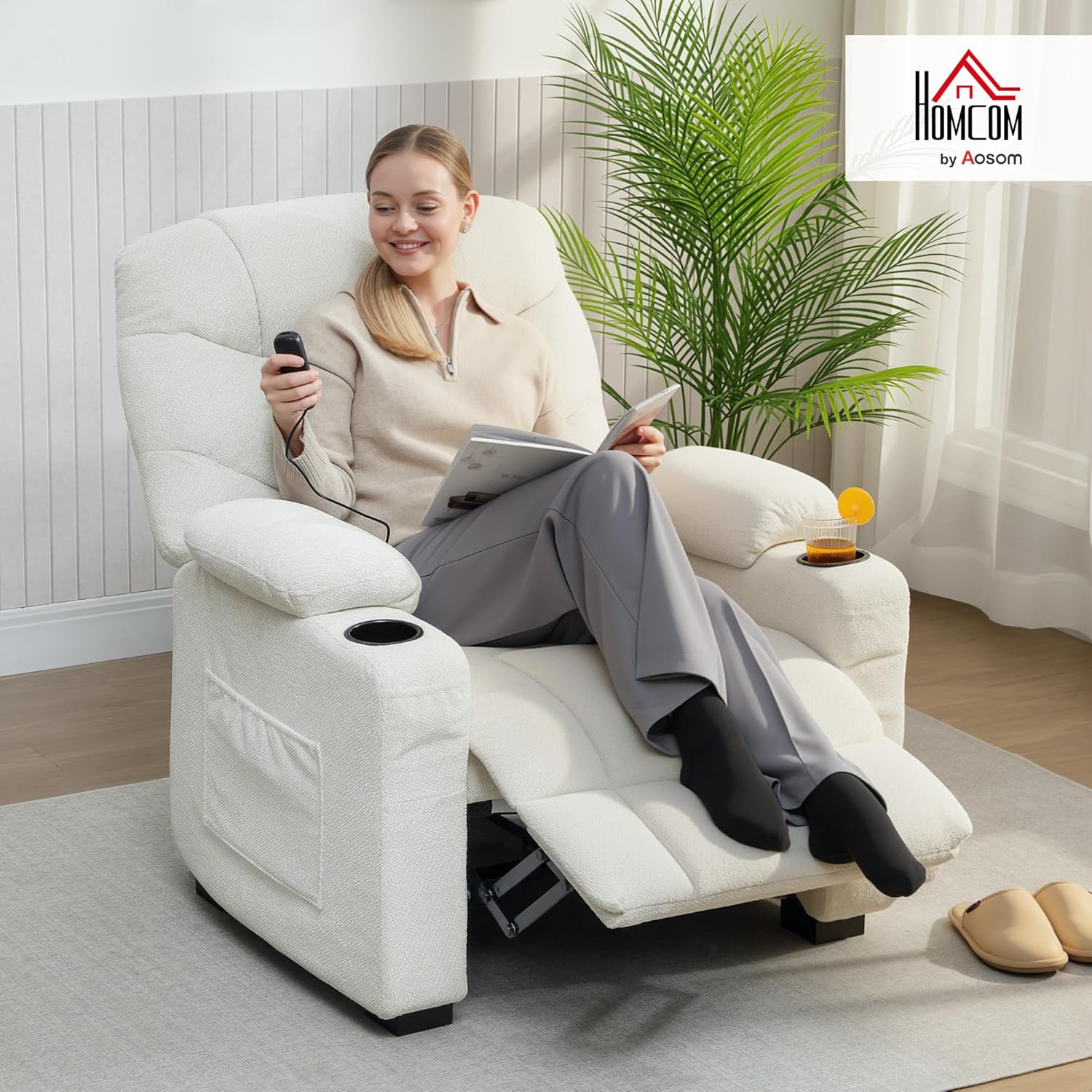 Fauteuil Relax électrique, Fauteuil inclinable en Velours, Port USB, Assise Large, Repose-Pieds, Porte-gobelets, Poches latérales, télécommande, Moteur Silencieux, 2 Positions mémoire, crème