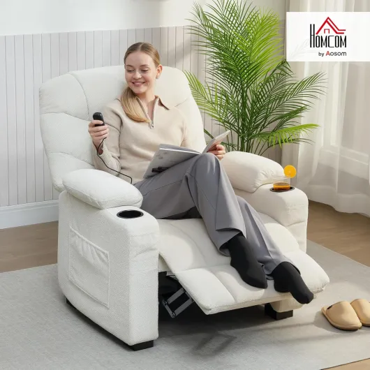 Fauteuil Relax électrique, Fauteuil inclinable en Velours, Port USB, Assise Large, Repose-Pieds, Porte-gobelets, Poches latérales, télécommande, Moteur Silencieux, 2 Positions mémoire, crème