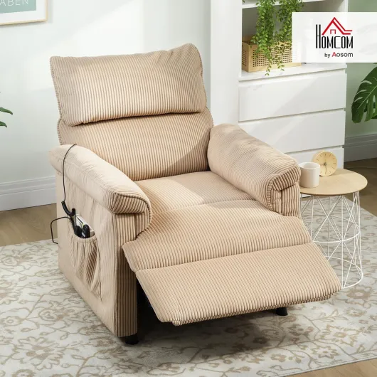 Fauteuil Relax Électrique Massant et Chauffant en Velours Côtelé, Fauteuil Inclinable avec Repose-Pieds, Moteur Silencieux, Mémoire, Port USB, Télécommande et Poches Latérales, Marron