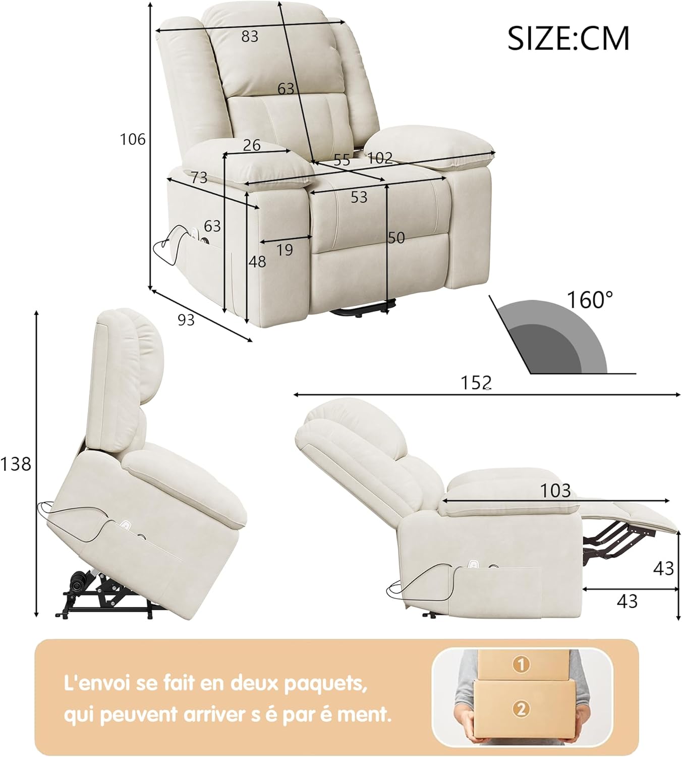 Fauteuil Releveur Électrique,Fauteuil Massant Relax avec Fonction Massage et Chaleur,Aide à la Verticalisation, Massage, Chauffage, Repose-Pieds, Poches, Port USB, Tissu Éponge (Beige)