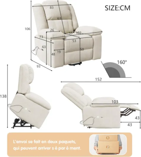 Fauteuil Releveur Électrique,Fauteuil Massant Relax avec Fonction Massage et Chaleur,Aide à la Verticalisation, Massage, Chauffage, Repose-Pieds, Poches, Port USB, Tissu Éponge (Beige)