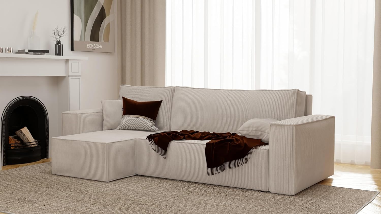 Canapé d'angle Convertible 244x145 Velours Côtelé à Gauche ou à Droite - Canapé avec Espace de Rangement - Sofa Beige