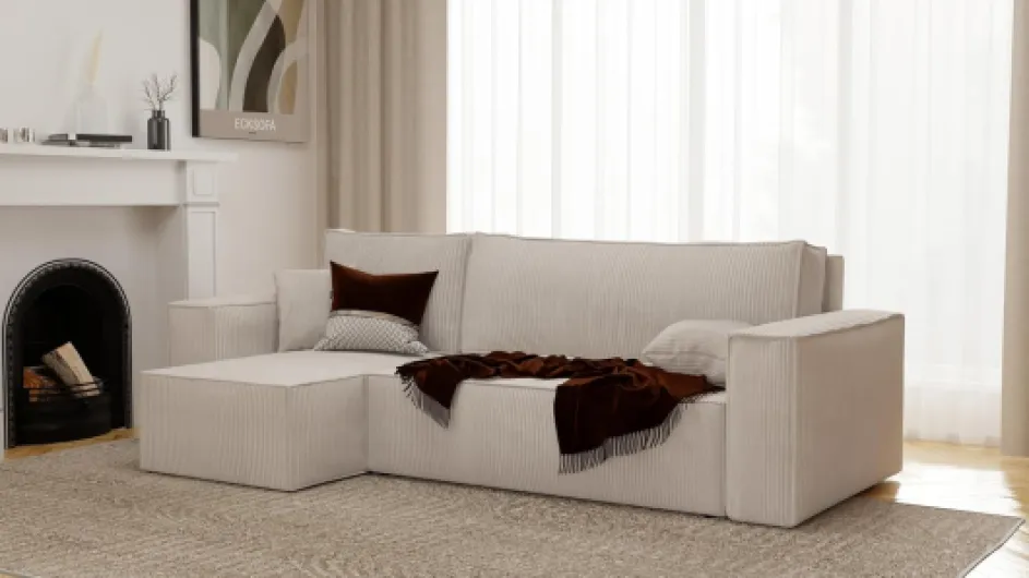 Canapé d'angle Convertible 244x145 Velours Côtelé à Gauche ou à Droite - Canapé avec Espace de Rangement - Sofa Beige