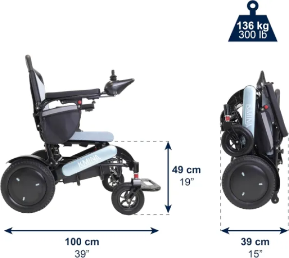 Fauteuil Roulant Électrique Pliable Léger, 2×350 W, Batterie 24 V 30 Ah, 8 km/h, 136 kg, pneus 12", frein électromagnétique, joystick, Bleu