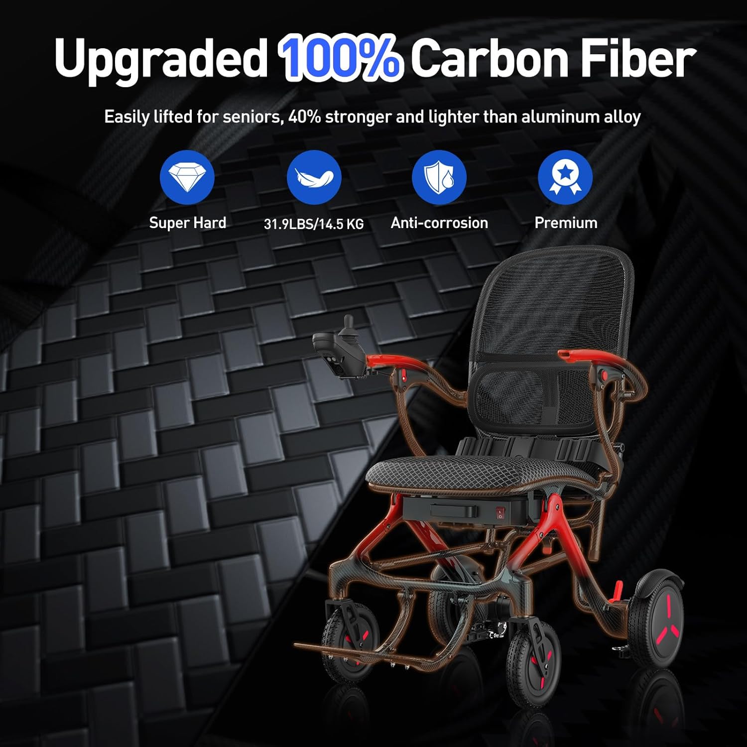 Fauteuil roulant électrique pliable et léger en carbone: autonomie de 25 km avec pneus increvables pour tous les terrains – Fauteuil roulant électrique avec dossier respirant jusqu'à 150 kg Noir Rouge