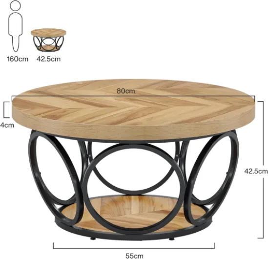 Table Basse Ronde 2 Niveaux, Table de Salon Bois 80 cm, Structure en métal, T-Able Ronde Bois, Plateau Épaissi, Facile à Monter Industriel (Grain du Bois)