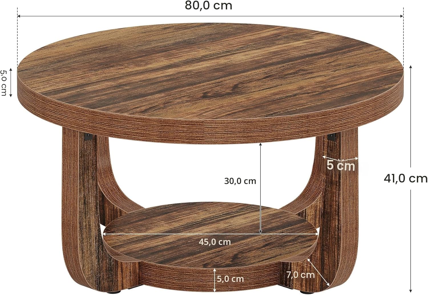 Table basse ronde, Table basse circulaire à 2 niveaux avec rangement, Table centrale d'appoint moderne en bois pour salon, Plateau et base épais, Marron rustique