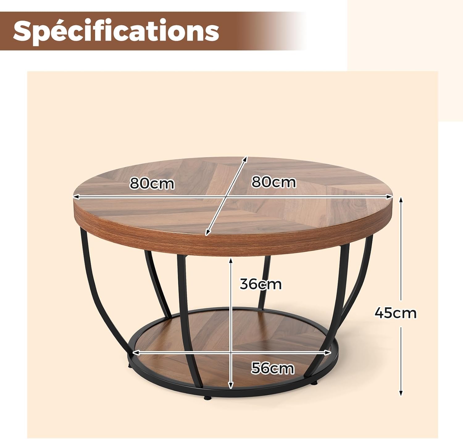 Table Basse Ronde 2 Niveaux, Table Basse Bois 80 cm, Cadre en Métal, Design Ronde Bois, Plateau Épaissi, Industriel (Naturel)