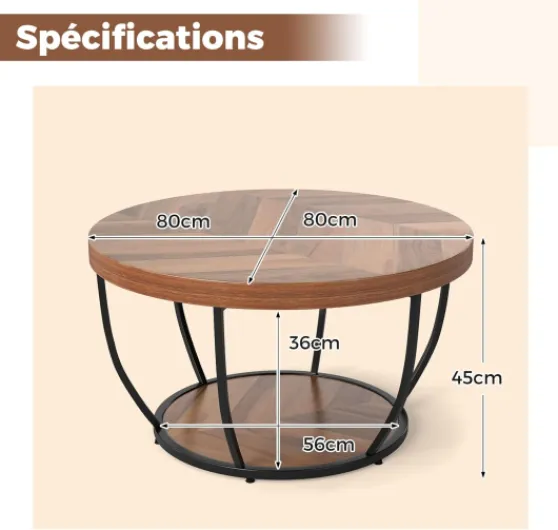 Table Basse Ronde 2 Niveaux, Table Basse Bois 80 cm, Cadre en Métal, Design Ronde Bois, Plateau Épaissi, Industriel (Naturel)