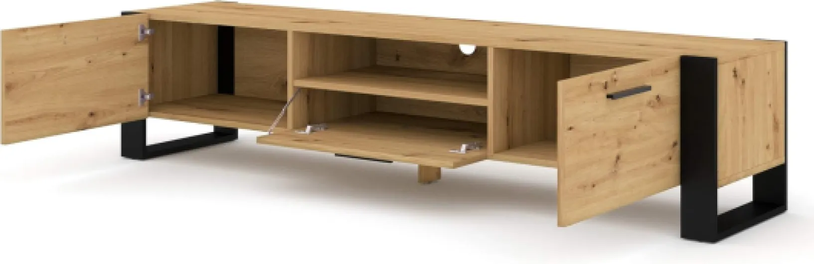 Meuble TV pour téléviseur jusqu'à 70" Moderne, 3 Portes idéal pour Salon Chambre, Banc TV,1 Niche Ouverte et Passe Câbles Intégré Chêne Artisan L 200 X P 43 X H 48 cm Nuka Chene Artisan