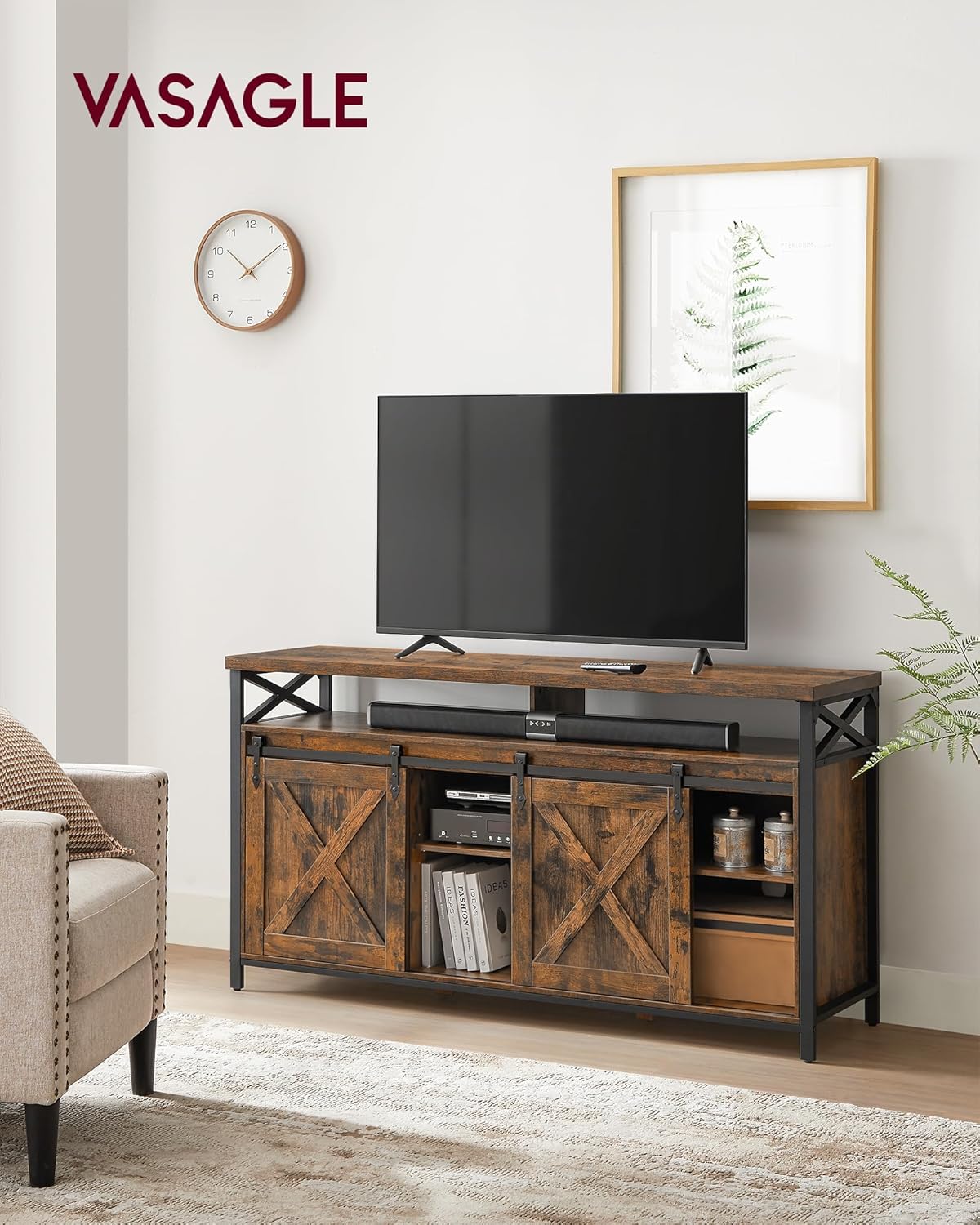 Meuble TV, Support pour Téléviseur Jusqu’à 65 Pouces, avec Étagères Réglables, Portes Imitation Grange, Style Rustique, Cadre en Métal, Marron Rustique et Noir LTV071B01 Marron Vintage, Noir