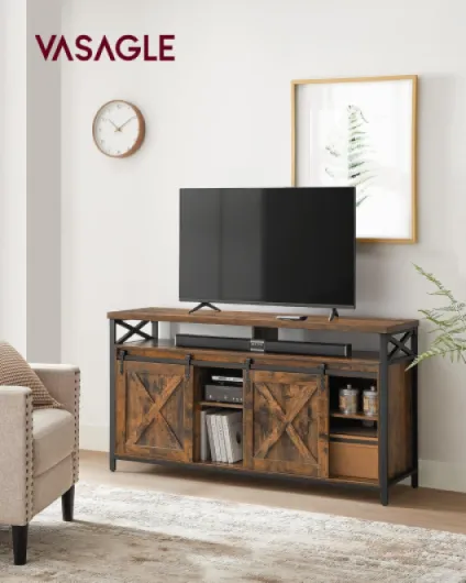 Meuble TV, Support pour Téléviseur Jusqu’à 65 Pouces, avec Étagères Réglables, Portes Imitation Grange, Style Rustique, Cadre en Métal, Marron Rustique et Noir LTV071B01 Marron Vintage, Noir