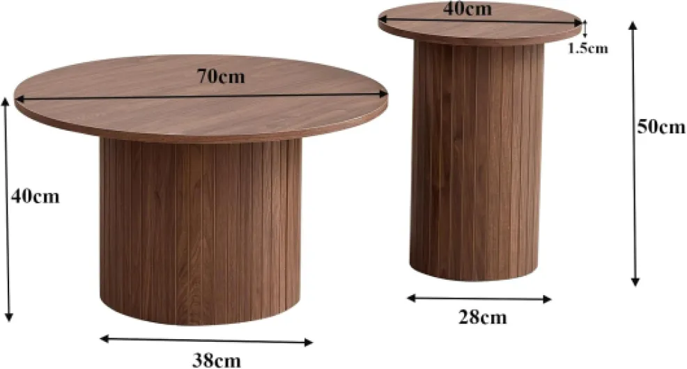 Ensemble de 2 Tables Basses Rondes Gigognes, Table Basse Moderne à Tambour Cannelé pour Salon, Chambre, Balcon et Bureau (Noyer (Grain de Bois))