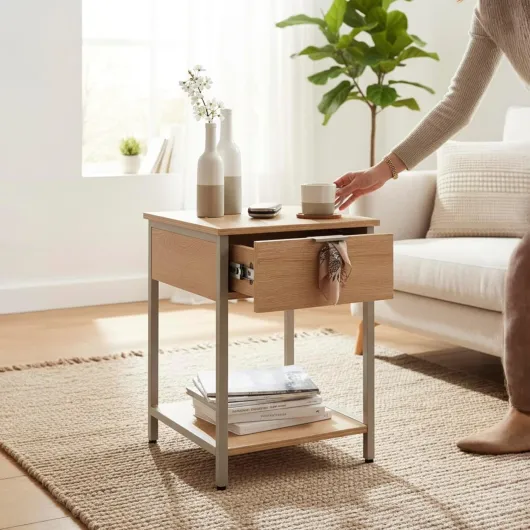 Table d'appoint avec tiroir, chêne Naturel, Gris Cachemire, métal, aggloméré, Table Basse Moderne avec tiroir - Dimensions : L 40 x H 55 x P 40 cm Style : Moderne L 40 x H 55 x P 40 cm Chêne Naturel, Gris - 37780