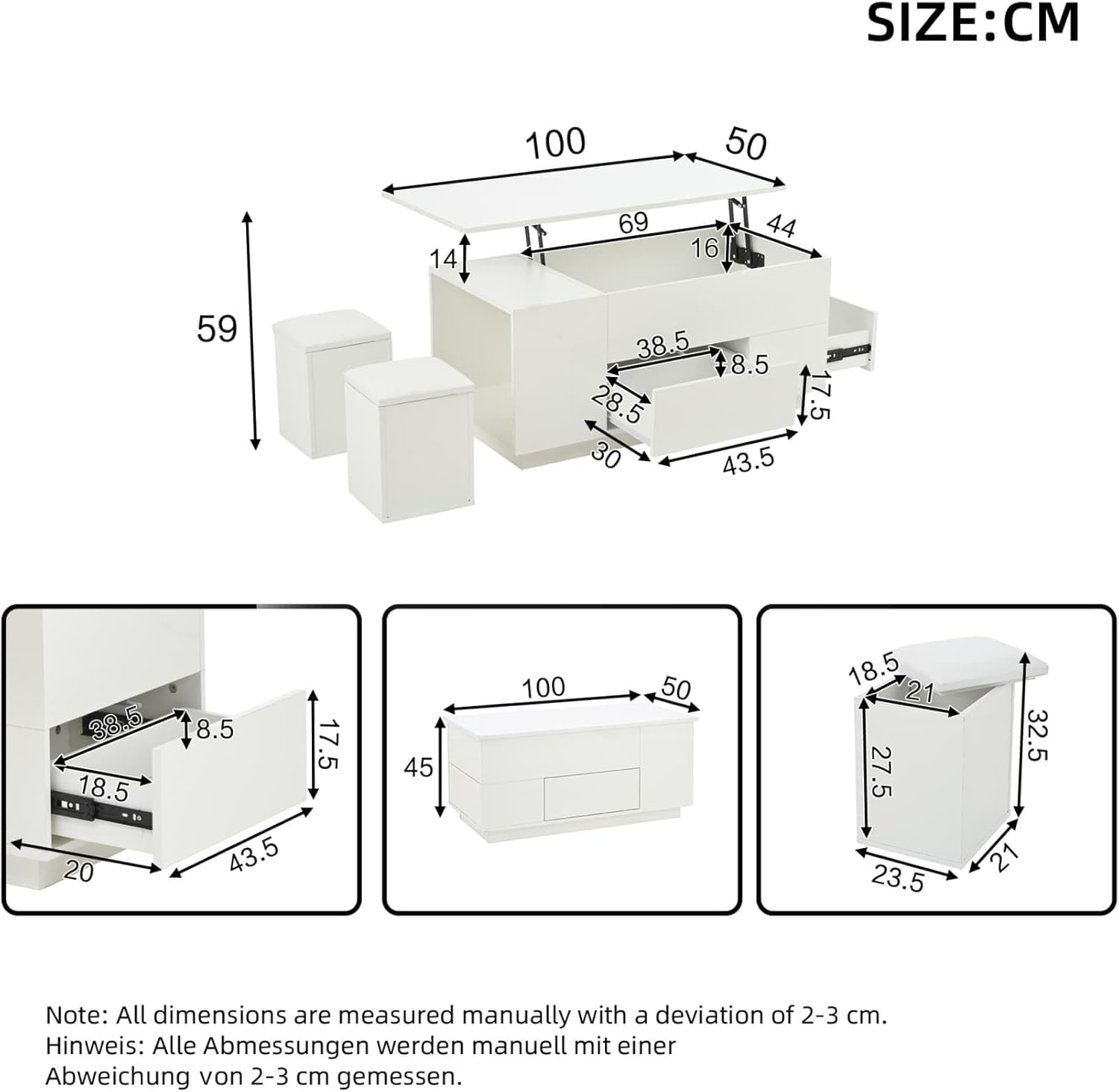 Table Basse Relevable 100 * 50 * 45cm,Table Basse Salon Blanche Moderne avec Plateau Déformable,Éclairage LED,2 Tabourets à Rangement,2 Tiroirs,Rangement Dissimulé(H-Blanc)