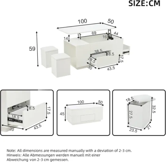 Table Basse Relevable 100 * 50 * 45cm,Table Basse Salon Blanche Moderne avec Plateau Déformable,Éclairage LED,2 Tabourets à Rangement,2 Tiroirs,Rangement Dissimulé(H-Blanc)