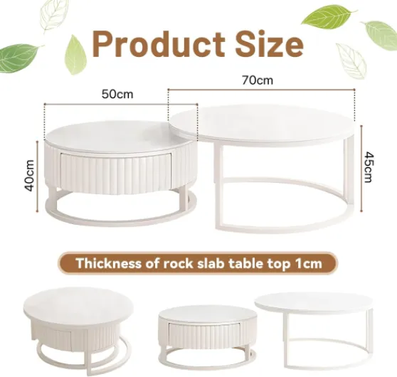 Ronde Table Basse Salon Blanche 50+70cm Tables Basses De Salon Moderne Table D'appoint Avec Tiroirs Table Basse Gigogne 2 En 1 Tables De Salon Avec Pieds En Métal Table Ronde Facile À Assembler