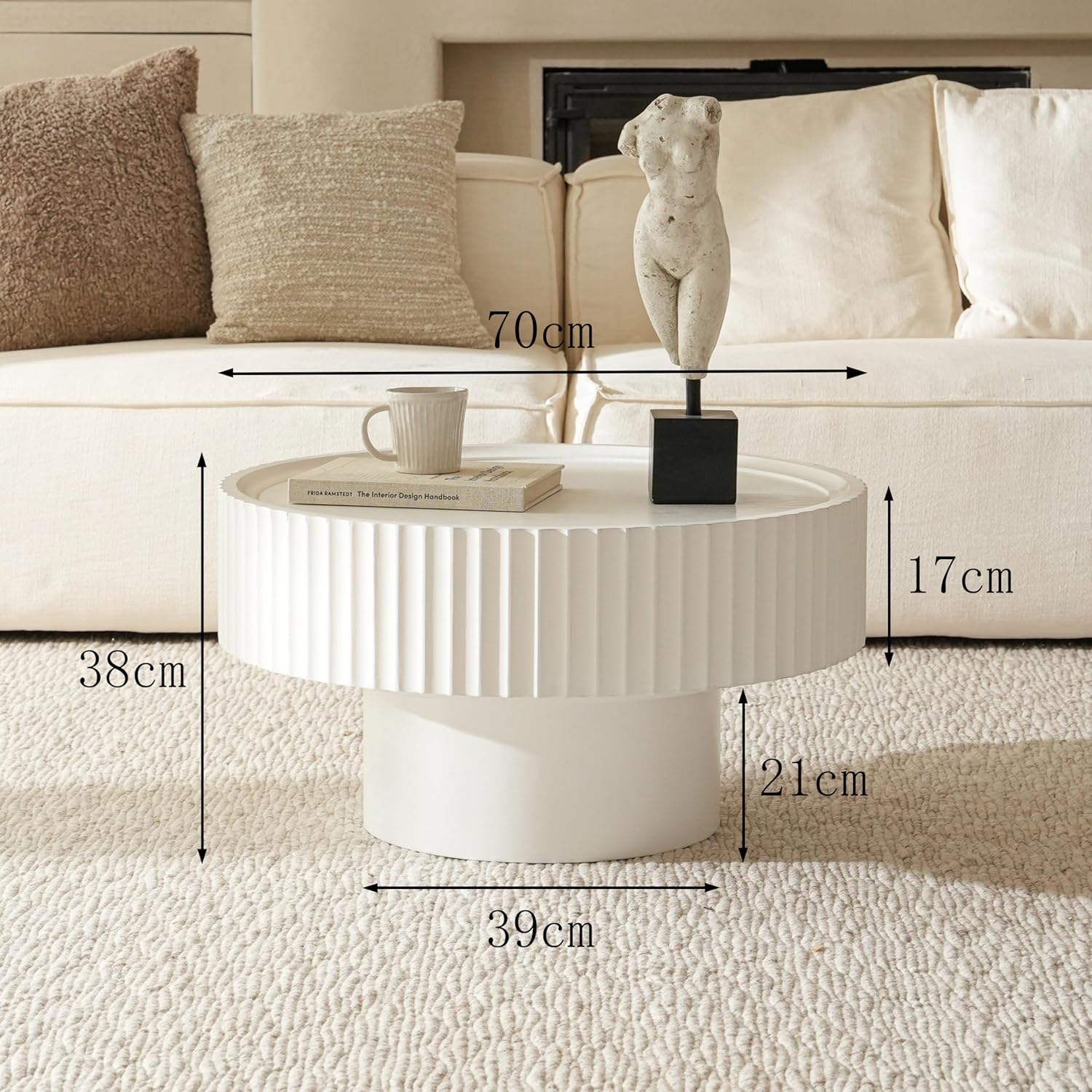 Table Basse Ronde Blanche, Table de Salon avec Design strié, Table Basse Blanche en Forme de Champignon avec Les Dimensions φ70 × 38 cm, Table de Salon en pin pour Salon, Chambre et Balcon