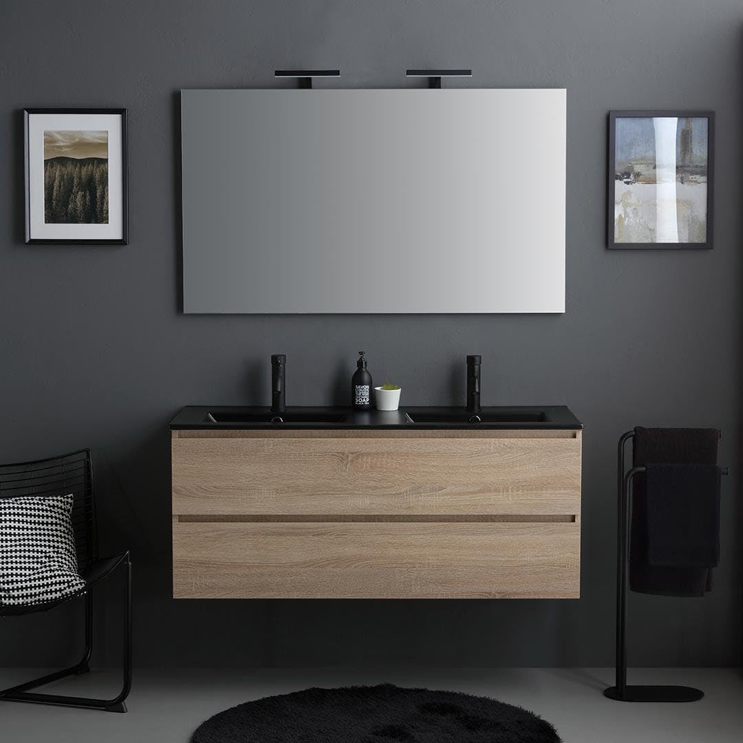 Meuble de Salle de Bains Suspendu 120cm chêne avec Double Vasque Noir et Miroir LED - Berlin