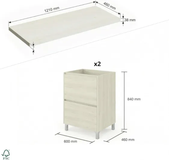 SANIVERRE Meuble Double Vasque à Poser sur Pied L - 120 cm 4 Tiroirs Chêne Blanchi Collection Salle de Bain LISBONA sans Colonne largeur 120cm (sans colonne)