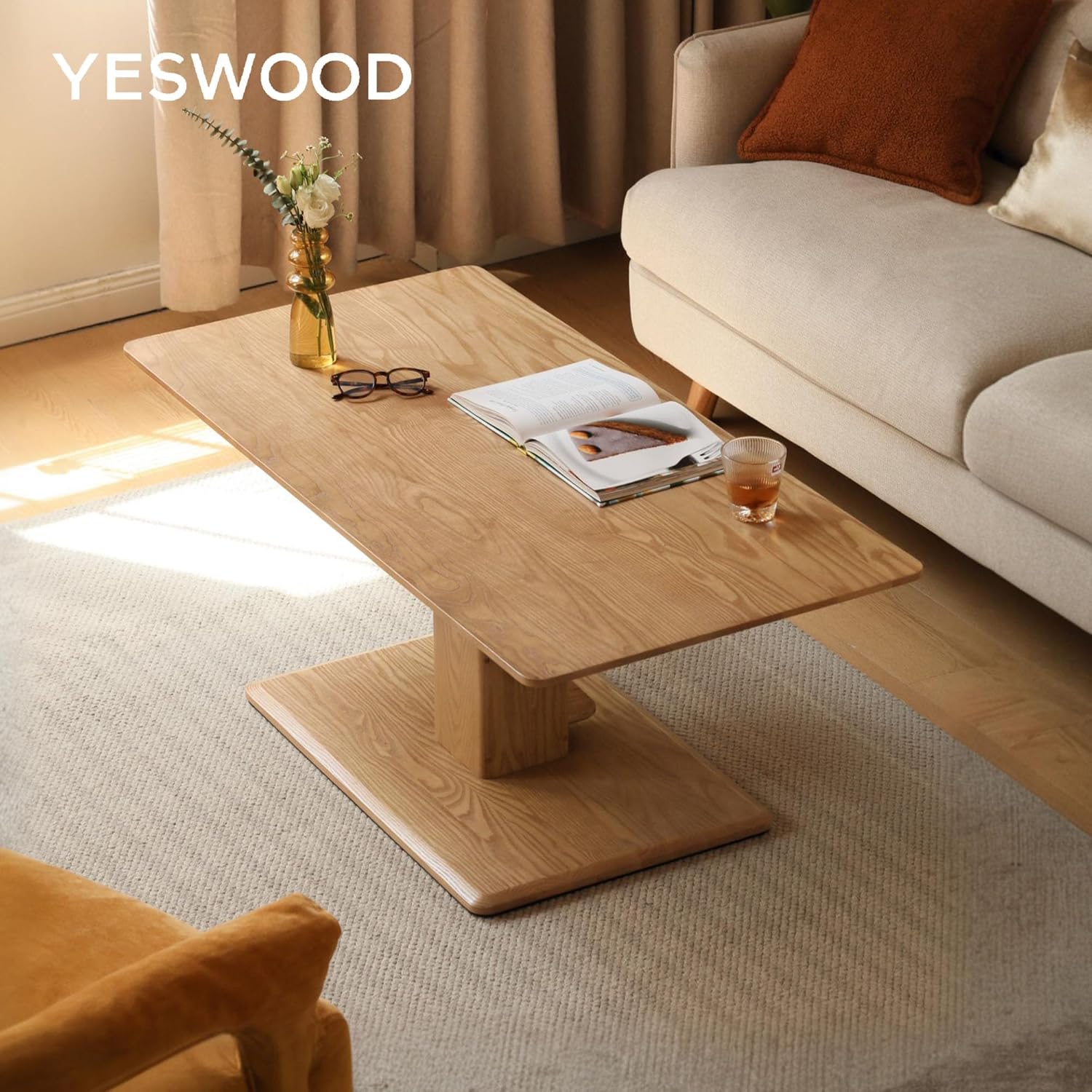 Table Basse Relevable en Chêne Massif, Design Moderne, Table de Salon en Bois Massif, Plateau Réglable 47-72 cm, 120 x 60 x 47 cm, Chêne Naturel Chêne Naturel Chêne Massif 120 x 60 x 47 cm