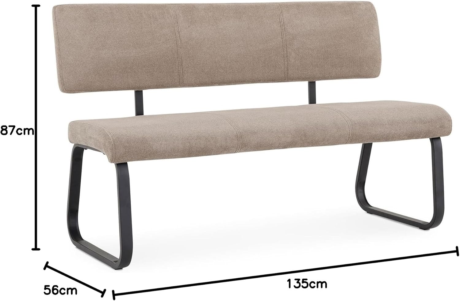 Banc d'entrée Vilas L 135 cm, siège avec 3 Places, Banquette au piètement chromé et Dossier au revêtement en Tissu Coloris Marron Clair