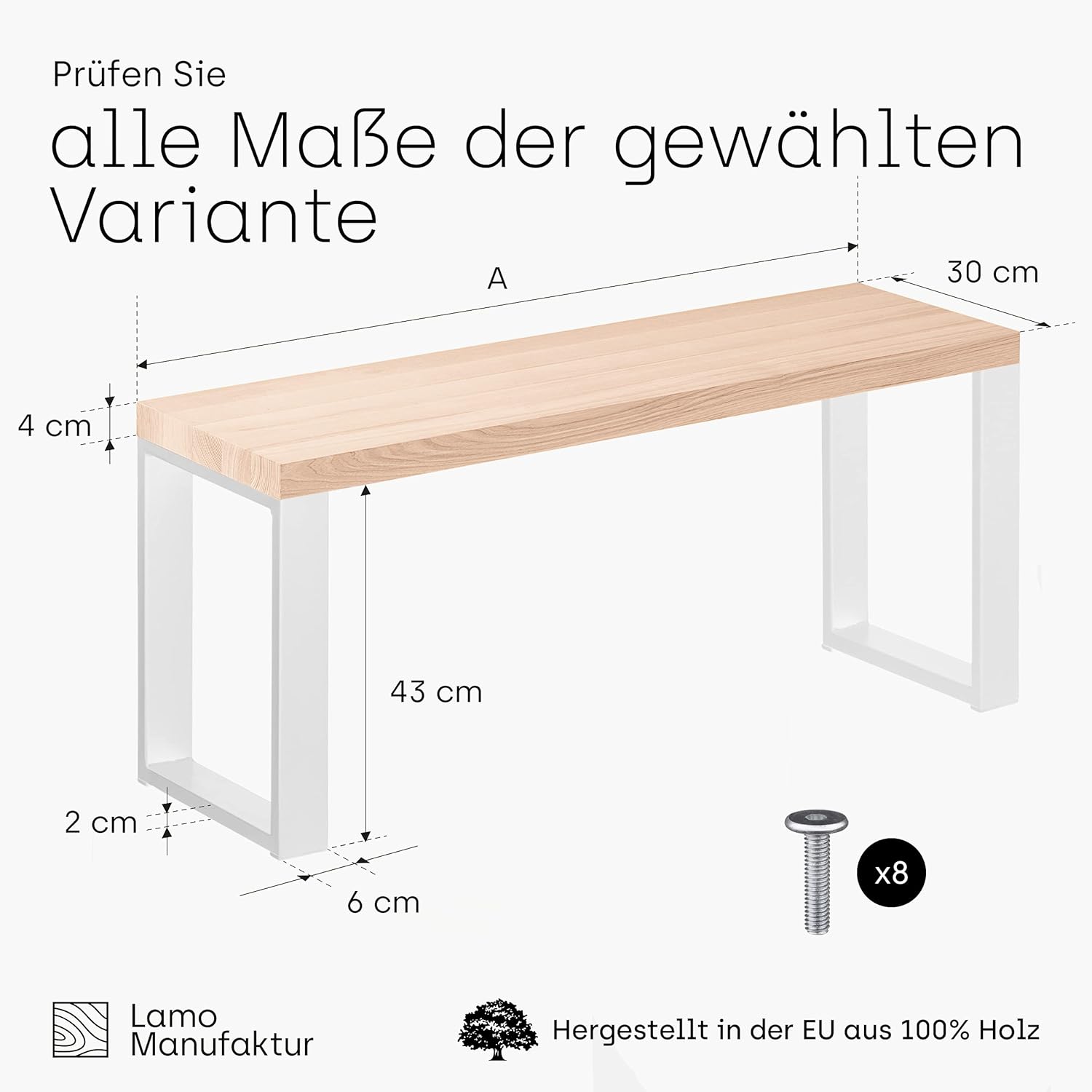Manufaktur Banc de Salle à Manger 30x140x47 cm (l x L x h), Pied en métal modèle Simple Blanc/Assise en Bois Brut, LSB-01-A-001-140-9016S Simple 140 cm Assise en Bois Brut / Blanc