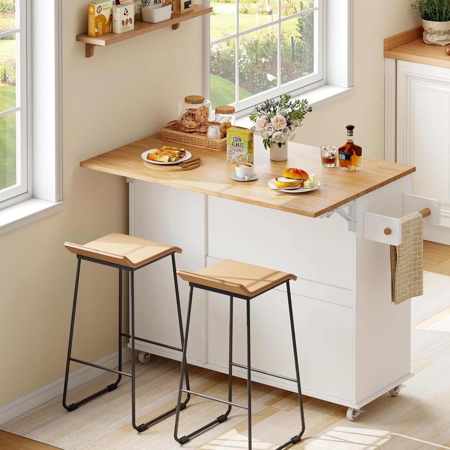 Îlot Central Cuisine, Desserte Cuisine sur roulettes avec Plateau Pliant, Buffet Salle a Manger avec Porte-épices et Porte-Serviettes, 121 x 90 x 70 cm, Blanc