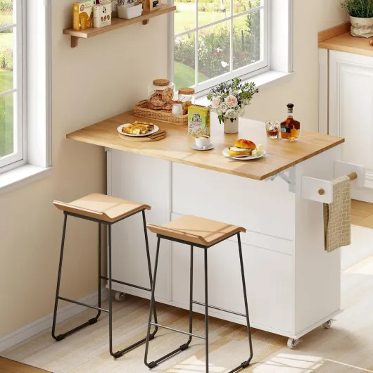 Îlot Central Cuisine, Desserte Cuisine sur roulettes avec Plateau Pliant, Buffet Salle a Manger avec Porte-épices et Porte-Serviettes, 121 x 90 x 70 cm, Blanc