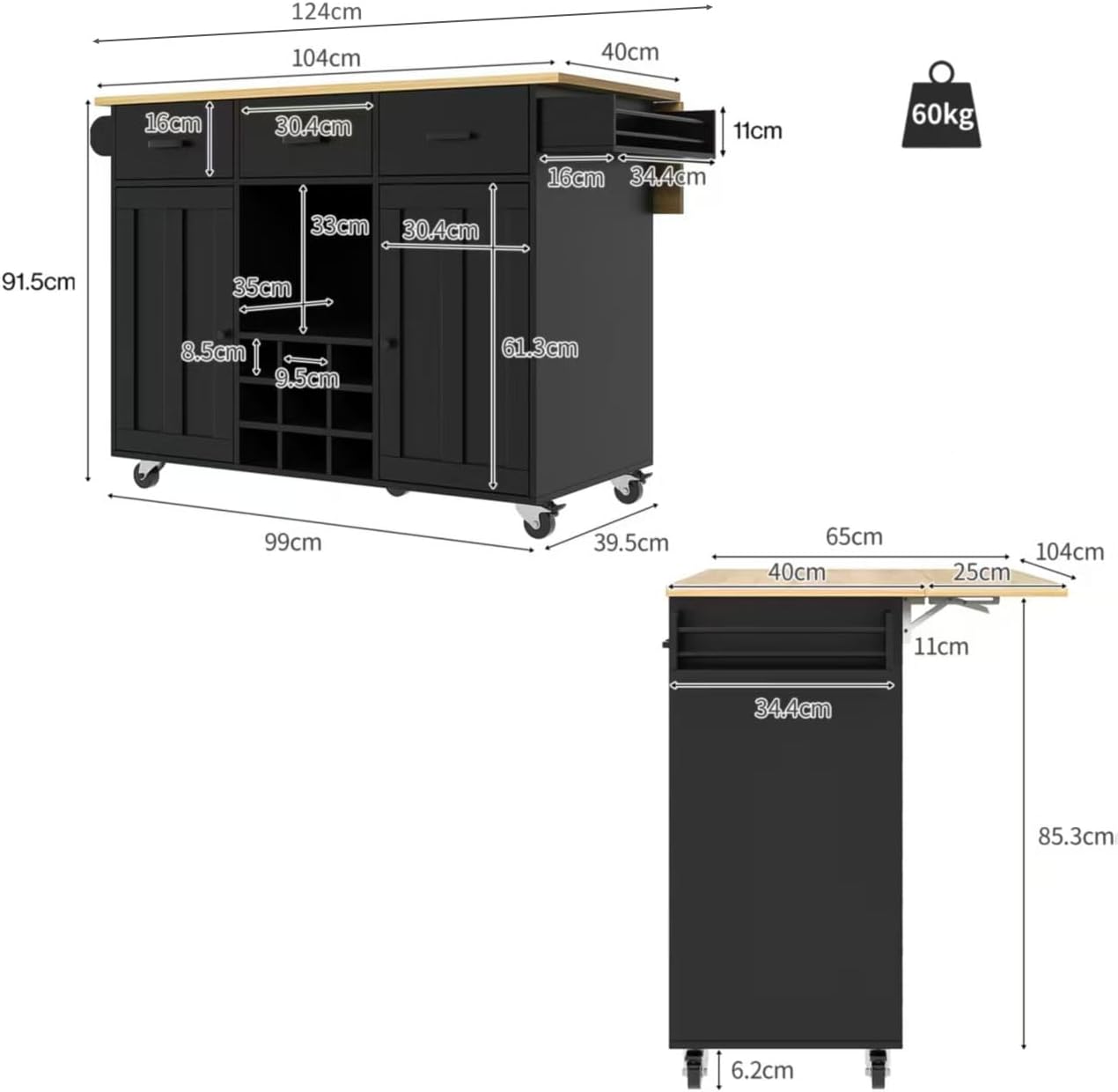 Desserte îlot de cuisine avec plan de travail rabattable, armoire de cuisine sur roulettes avec tiroir et étagère à épices et 2 portes, îlot de cuisine mobile, pour cuisine et salle à manger (noir)