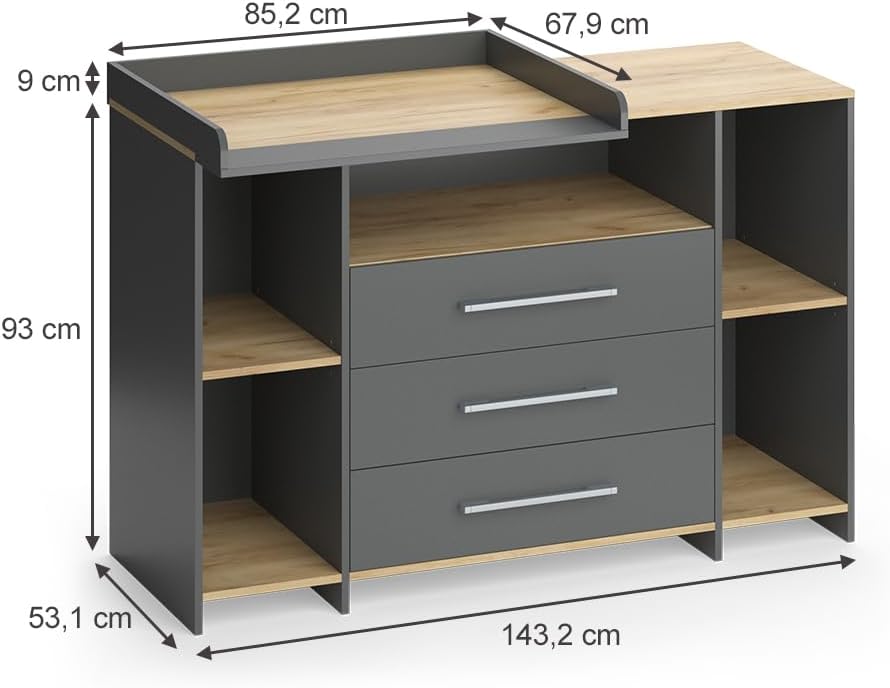 Commode à Langer Oskar, Anthracite/chêne doré, 143.2x93cm avec 3 tiroirs, Convient comme Table à Langer avec Espace de Rangement Extensible 53.1P x 143.2l x 93H cm (3 Tiroirs) Anthracite/Goldkraft Oak