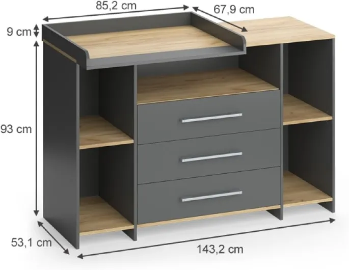 Commode à Langer Oskar, Anthracite/chêne doré, 143.2x93cm avec 3 tiroirs, Convient comme Table à Langer avec Espace de Rangement Extensible 53.1P x 143.2l x 93H cm (3 Tiroirs) Anthracite/Goldkraft Oak