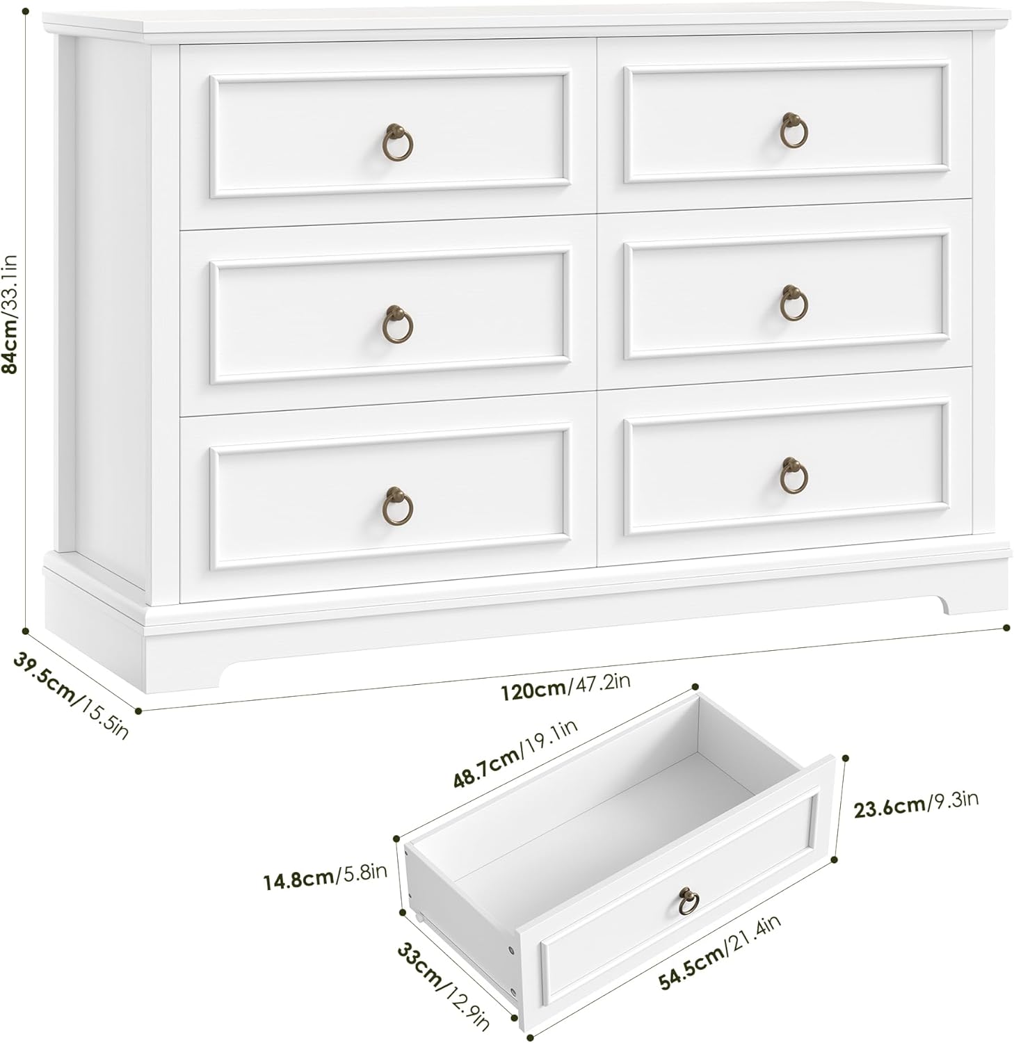 Commode à 6 Tiroirs, 120 cm Large Commode Chambre Adulte avec Grain de Bois et Poignées en Bronze, Buffet Meuble de Rangement Chambre pour Salon, Blanc, 120 x 84 x 40 cm