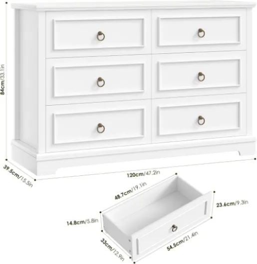 Commode à 6 Tiroirs, 120 cm Large Commode Chambre Adulte avec Grain de Bois et Poignées en Bronze, Buffet Meuble de Rangement Chambre pour Salon, Blanc, 120 x 84 x 40 cm